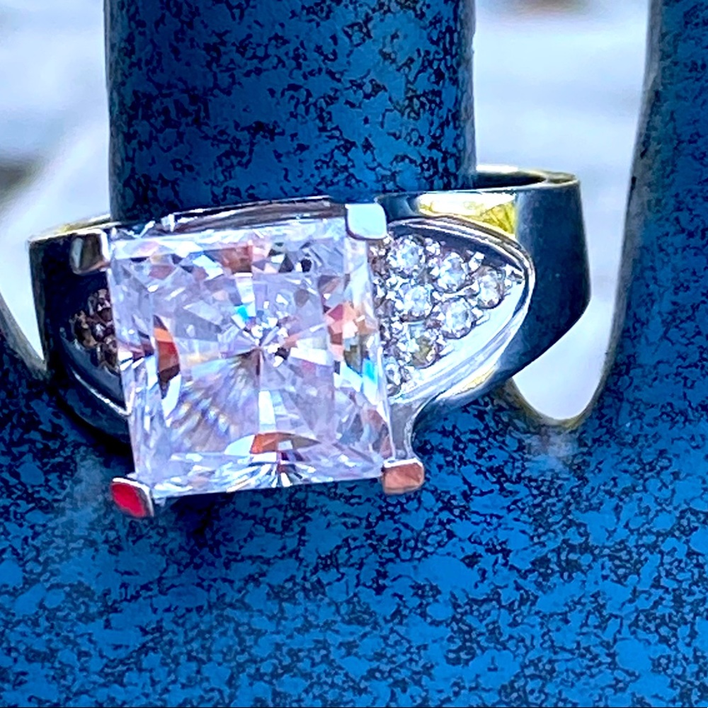 Large square cut AAA CZ in cathedral .925 ring 8